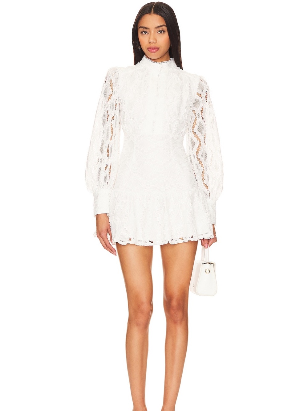 Bardot White Lace Puff-Sleeve Mini Dress